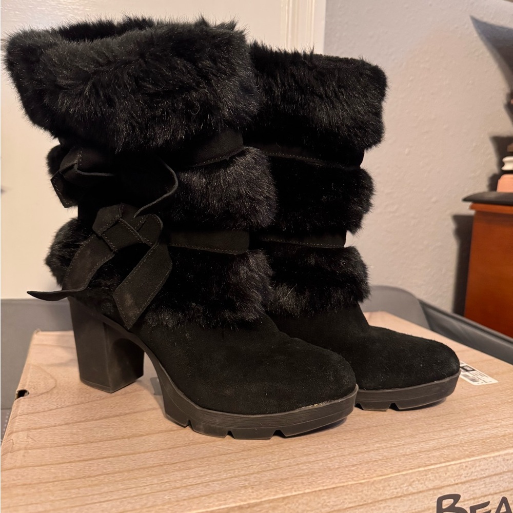 BearPaw Black Fur Heeled Boots